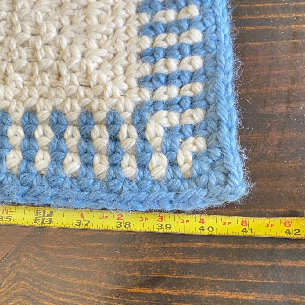 Vintage Handmade‎ Crochet Baby Blanket Blue Cream Checkered Super Soft 40x32